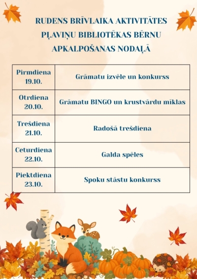 Rudens brīvlaika aktivitātes Pļaviņu bibliotēkas bērnu apkalpošanas nodaļā (19.–23. oktobris)
