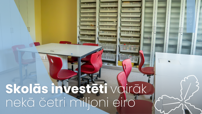 klases kabinets ar galdiem un sarkaniem krēsliem