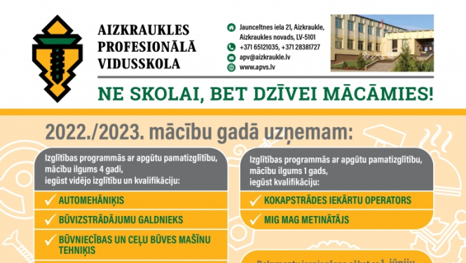 uzņemšana Aizraukles profesionālajā vidusskolā - plakāts