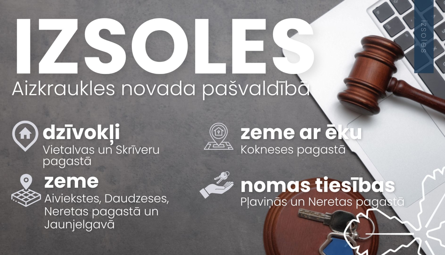dators, uz kura stāv izsoļu āmuriņš un atslēgas