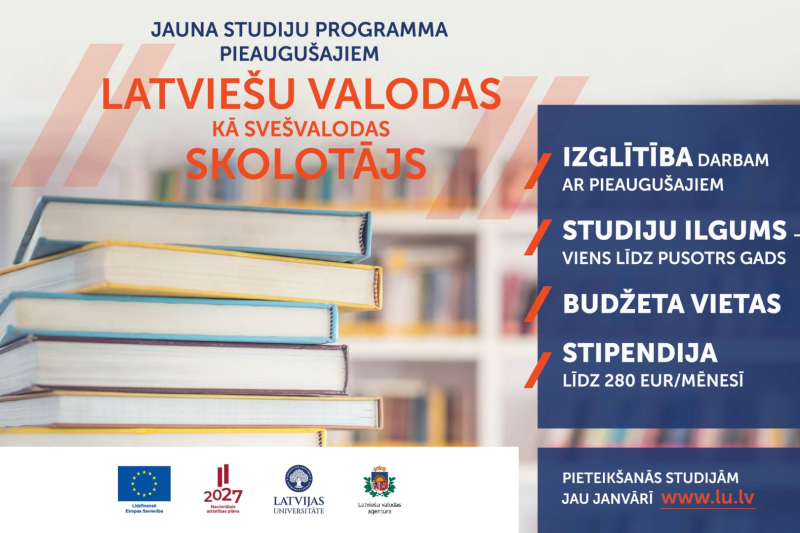 afiša par studiju programmu pieaugušajiem – latviešu valodas kā svešvalodas skolotājs
