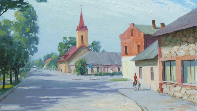 Pļaviņu ainava, gleznas autors – Andrejs Severetņikovs.