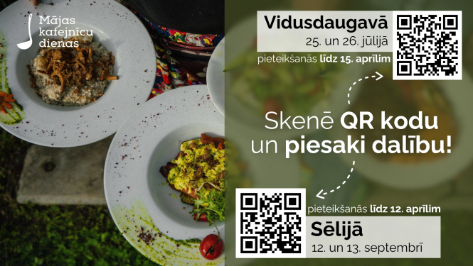 šķīvji ar ēdieniem un informācija par pieteikšanos