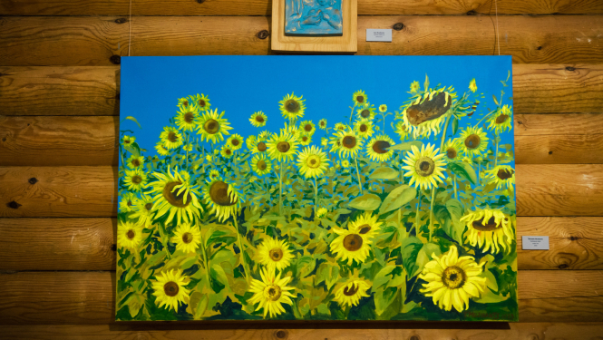 glezna, kurā attēlotas saulespuķes