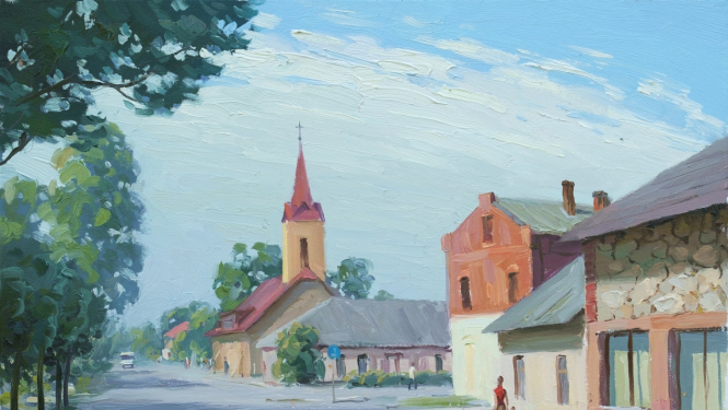 Pļaviņu ainava, gleznas autors – Andrejs Severetņikovs.