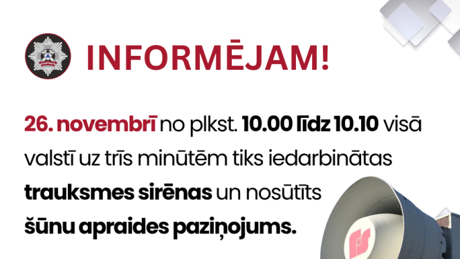 26. novembrī trauksmes sirēnu pārbaude