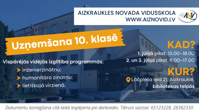 Uzņemšana 10. klasē Aizkraukles novada vidusskolā