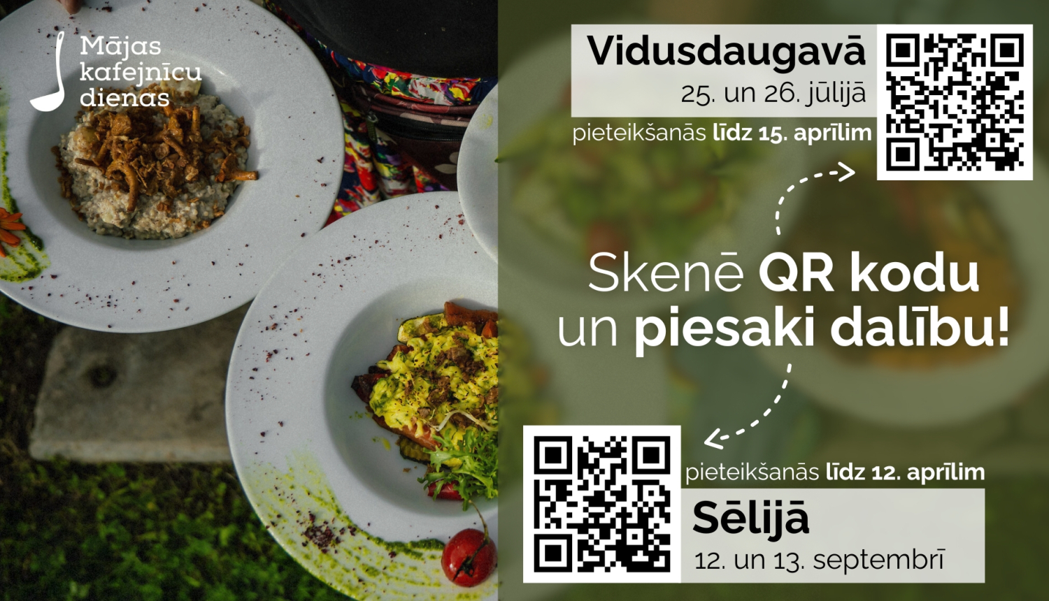 šķīvji ar ēdieniem un informācija par pieteikšanos