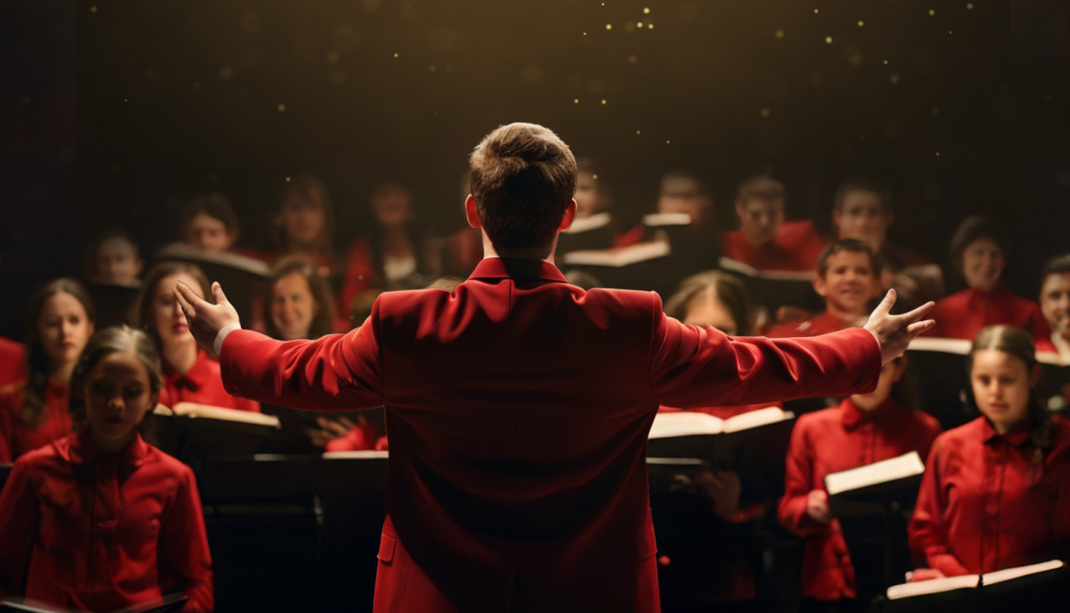 diriģents ar kora dalībniekiem